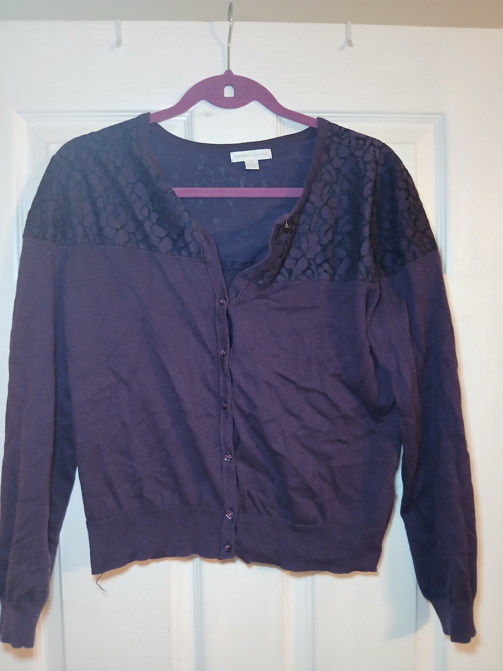 New York & Company Deep Purple Lace-Yoke Button Cardigan